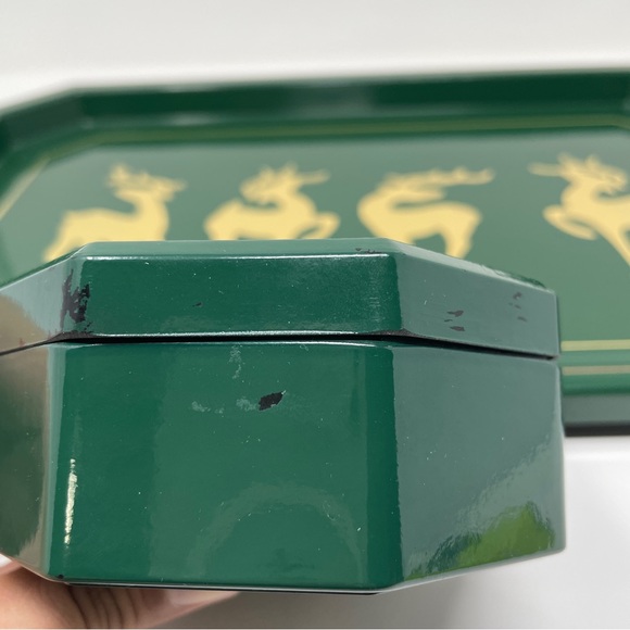 Vintage Serving Trays and Coasters Set Enesco Hunter Green Deer Made in Japan - Picture 15 of 16